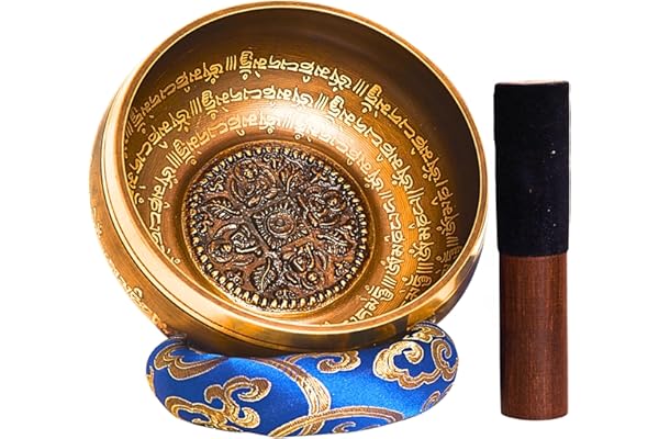 XL Bol chantant fait main au Népal – set tibétain pour la méditation – Yoga – Fuseau avec du cuir – Box de papier Lokta