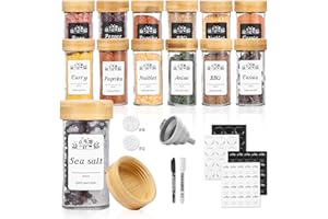 Ynudr 12 Spice Jars with Labels, 100ml Round Glass Spice Jars with Airtight Bamboo Lids and Shaker Lids, Cooking Spice Containers, Seasoning Jars Bottles Set for Spice Rack Cabinet Drawer