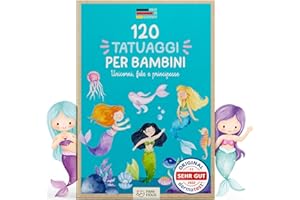 Famifidus 120 tatuaggi dermocompatibili per bambini di età superiore ai 3 anni I Dermatologicamente MOLTO BUONO I Kit di tatuaggi per bambini Dinos I Tatuaggio per bambini (Sirene)