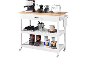 Yaheetech Rolling Kitchen Island Trolley Cart, Kitchen Storage Trolley on Wheels with Drawer and Side Handle, Utility Serving Cart for Dinning Room/Living Room, Bamboo Worktop, White