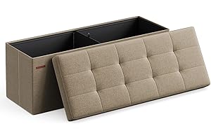 SONGMICS MAZIE Colección - Puff Almacenaje, Banco Plegable, 38 x 110 x 38 cm, Taburete Reposapiés, Pie de Cama, Soporta hasta 300 kg, para Sala de Estar, Dormitorio, Entrada, Marrón Camello LSF077R01