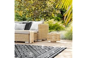 PaMeer Black White Outdoor Rug, Polypropylene Patio Rugs, Picnic Mat, Easy Clean Washable Rug Anti Slip Outdoor Rugs For Garden, Waterproof Picnic Blanket Small_ 120 x 180 cm (Black & White)