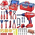 CLaLoc Kids Tool Set,48PCS Toddler Tool Set with Electronic Toy Drill,Tape Measure 12 Tool Equipements,Pretend Play Construction Coustume with Safety Hat,Toy Tool Box for Kids Boy Girl Age 3-8