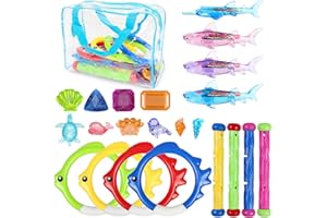 OWUDE 28Pcs Pool Toys for Kids 8-10 Age, Diving Rings Sticks Shark Underwater Sinking Glow Gem Treasures Games Dive Toys with Storage Bag for Swimming Pool