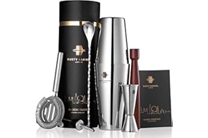 Rusty Barrel Cocktail Kit Modelo Bloomsbury | Coctelera Profesional de Acero Inoxidable con Cocteleria Accesorios | Kit Cocktail, Kit de Cocteleria | Elegante Caja de Regalo, Bolsa y Libro de Recetas