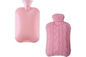 HBell Wärmflasche, 2 l, mit kuscheligem Bezug, gestrickt, transparenter Naturkautschuk, super weich und langlebig, für Erwachsene oder Kinder (Pink)