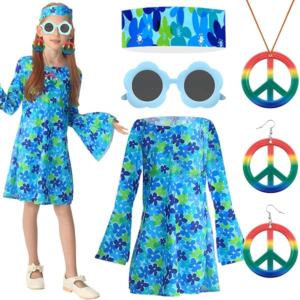 NET TOYS Hippie-Kleid Für Mädchen – Größe L (10-12 Jahre), Buntes Flower-Power-Kostüm Für Fasching & Mottoparty