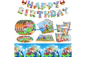 Sinwind Super Mario Partygeschirr Set, 56 Pcs Super Mario Geburtstag Geschirr Kit, Super Mario Party Deko, Partyzubehör mit Teller, Becher, Tischdecke, Servietten, Banner (B)