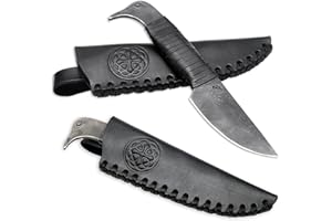 Toferner Cuchillo vikingo Cuervo de Odín, cuchillo nórdico forjado a mano con funda de piel auténtica, hoja endurecida, cuchillo nórdico, idea de regalo original para hombres