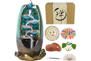 Artcome Waterfall Incense Holder Ceramic Incense Burner Zen Home Decor with 120 Incense Cones + Base Holder + 20 Coil Incense + 50 Incense Stick Aromatherapy Ornament Incense Burner