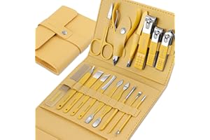 Leipple Maniküre Set 16 stücke Professionelles Nagelknipser Kit Pediküre Kit - Pflegeset aus Edelstahl Nagelpflege Werkzeuge mit luxuriöser Leder Reisetasche (Gelb)