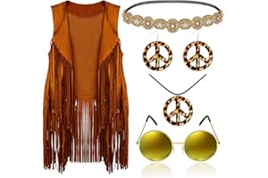 FRIENDA 6 Pièces Costume Hippie des Années 60 et 70 pour Femmes Boucle d'oreille Collier de Signe de Paix Bandeau Gilet à Franges Cardigan à Pampilles