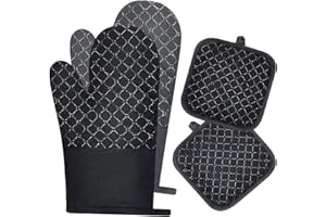 Gxhong 1 Guanti da Forno e 1 Presina da Forno, Guanti da Barbecue 500 ℉ Antiscivolo Resistenti al Calore Guanti in Cotone per Cucina Cottura Forno BBQ Nero