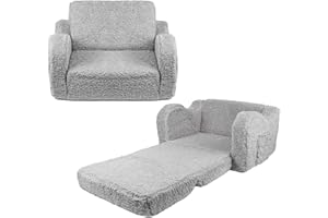 Toemics 2-in-1 Kids Sofa Bed Convertible Toddler Couch to Lounger Chair with Removable Washable Cover Sherpa and Plush Folding Sofa Bed for Boys Girls, Gift for Birthday, Christmas (Grey)