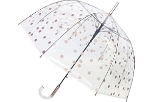SMATI SMARTBULLE Parapluie Long Transparent – forme Cloche ; Solide ; Ouverture automatique ; Diamètre=85cm ; Poignée transparente ; Parapluie Femme ; Motif POIS CUIVRES