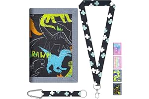 AUNGCSHE Portafoglio Bambino Dinosaure, Portafogli Trifold con Cordino, Cordino Ragazzi Portafoglio, per Bambini di Età Compresa Tra 5 e 12 Anni Regalo di Natale di Compleanno