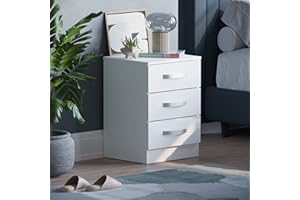 ‎MOVIAN Amazon-Marke: Movian Rechteckig Hochglanz Nachtschränkchen mit 3 Schubladen, Weiß, 56 x 40 x 36 cm