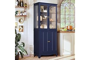 ‎HOLTICO HOLTICO Freistehender Küchenschränke mit Glastür, Glasküchenschrank, Klassischer Hoher Schrank mit Glastür und Verstellbaren Regalen für Küche, Wohnzimmer und Esszimmer (Blau)