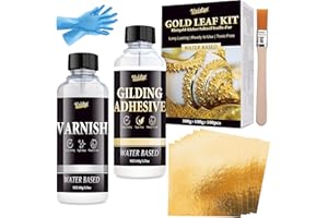 VIVIDYE Kit de Dorure à la Feuille D'or - Colle pour Feuille Métallique 100 ml et Vernis Protecteur 100 ml, Feuilles D'or 100 Pièces, Idéal pour L'art, L'artisanat, Les Meubles et La Peinture, Non Toxique