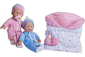 JC TOYS- Gemelos La Baby de 28 cm de Cuerpo Blando y Lavable, Vestidos extraíbles, biberones, Chupete y Saco de Dormir Reversible, Rosa y Azul, diseñada en España, +12 Meses
