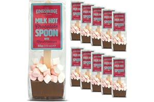 KINGSBRIDGE CHOCOLATE Kingsbridge Hot Chocolate Spoons - Belgian Milk Choc & Marshmallows, 10 Pack | Choc Block with Wooden Stirrer & Added Sweet Treats | Gifts for Birthdays, Special Occasions or Sleepovers