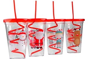 Blue Whale Gifts Set of 4 Plastic Christmas Drinking Cups for Kids, Swirling Spiral Lid and Straw