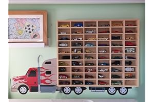 MiniOwls Natural Wood Display for Miniature Collectibles - Hanging Storage Box, Wall Organizer for 60 Hot Wheels or Matchbox Cars, Tiny Dolls, Crystals, Essential Oils (no door) 48x59 cm