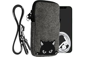 kwmobile Handytasche für Smartphones L - 6,5" - Filz Handy Hülle Grau Schwarz - Handy Tasche mit Kette 16,5 x 8,9 cm Innenmaße - Neugierige Katze
