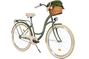 Balticuz OU Milord Comfort - Bicicletta da donna con cestino in vimini, stile olandese, stile vintage, 28 pollici, colore: Verde crema