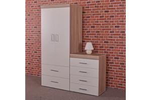 DRP Trading White & Sonoma Oak 2 Piece Bedroom Furniture Set, 4 Drawers Chest, 2 Door Wardrobe, Ample Storage & Elegant Décor, Ideal for Bedroom Organisation, Quality Bedroom Set…