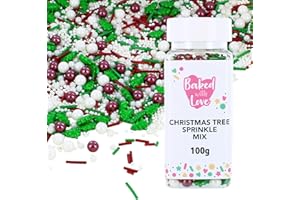 Christmas Sprinkles By Baked With Love | 100g | Christmas Trees, White, Green, & Red Sugar Cake Sprinkles, Edible Cake Decorations, Sugar Balls For Cupcakes