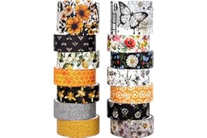 BUTITTCRAFT Washi Tape Set 14 Rollen, Vintage Bee Floral Butterfly Botanical Washi Tape, gelbe schwarze dekorative Bänder für Scrapbooking Supplies, Junk Journal, Bullet Journaling, Kunstgewerbe