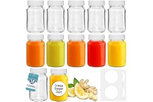 HEFTMAN Lot de 12 bouteilles à shot en verre avec couvercles - 120 ml - Avec brosse de nettoyage et étiquettes - Réutilisables - Vides et transparentes - Pour jus de fruits, huiles, sauces,