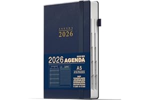 DeDe Bee Agenda 2026 Journalier, A5 Multilingue Planner Total 416 Pages Avec Plan Mensuel & Poche Intérieure & Fermeture Elastique, Couverture Rigide, Bleu