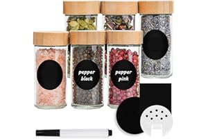 Happy Lemuro Gewürzdosen Rund [6 x 100ml] Etiketten zum Beschriften, Bambusdeckel, Stift | Gewürzbehälter mit Holzdeckeln & Zubehör. Gewürzgläser Rund, 6er Set, Gewürzaufbewahrung Gewürz Organizer