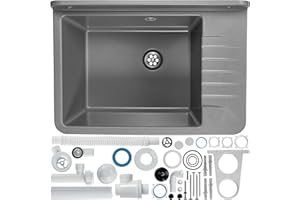 GOSPO Ausgussbecken aus Polypropylen, 50,5 x 34 x 26,5 cm, Haushaltsspülbecken, Spülbecken mit professionellem Siphon und Montageset, Waschbecken (Grau)