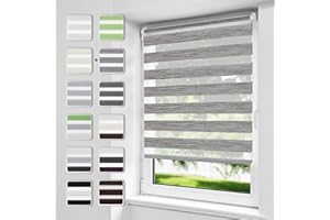 Buseu Store Enrouleur Jour Nuit sans Perçage, Installation Facile par Clips ou Vis, Rideau Occultant à Tissu Double pour Fenêtre ou Porte, Lin-Gris, 65l x 120L cm