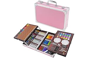 SAMTEK Art Set for Kids with Aluminum Case, 145p Deluxe Art Set Artist Sketching and Colouring Case for Beginners, Paints Crayons Pencils Watercolor Cakes Bushes Art Kit with Mixed Art Supplies for Adults