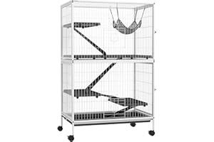 PawHut Jaula para Animales Pequeños de 4 Niveles Jaula para Roedores con Ruedas Rampas Hamaca Colgante y Bandeja Extraíble Recinto para Conejos Chinchillas Hurones 80x52x128 cm Blanco
