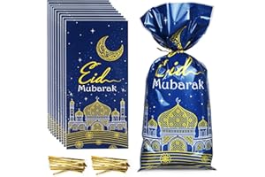 AURASKY 100 Sachet Bonbon Eid Mubarak, Sachets de Friandises de Fête Sacs-Cadeaux de Ramadan, Sac de Bonbons Transparents en Cellophane avec 100 Lien Torsadés pour Eid Mubara(Bleu)