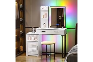 ‎FIGBIRD Figbird RGB LED Schminktisch mit Kabellose Ladestation und 1 USB & 1 Type-C Anschlüssen,7 dynamisch und 7 statisch dimmbar Schminktische mit 2 Schubladen und gepolsterte Samthocker