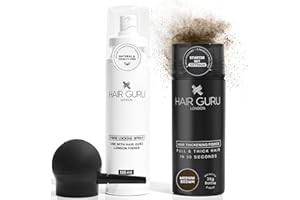Hair Guru London Starter Set - Thickening Fibres 28g, Fibre Locking Spray 120ml & Applicator - Conceals Bald Spots & Thinning Hair - Unisex Hair Loss Solution - Medium Brown