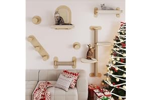 BYBYME 7-teilige Katzen-Wandregale, Kratzbaum aus Massivholz für den Innenbereich, mehrere Ebenen, stabile wandmontierte Katzenklettergerüste aus Holz mit Kratzbäumen, Katzenbett (Naturholz)