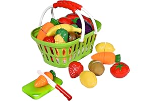 playkidz: Super Durable Healthy Fruit and Vegetables Basket Pretend Play Kitchen Food Educational Playset with Toy Knife, Cutting Board (32 Pieces of Fruit and Vegetable Toys)