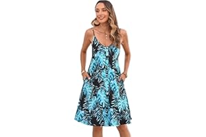 Enmain Abito Estivo da Donna Casual Floreale Cinturino per Spaghetti Senza Maniche Abiti Estivi Vestito Scollo a V con Tasche per Spiaggia Hawaii S-XXL