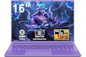 NOTODD Ordinateur Portable Gaming 16 Pouces 12 + 512 Go Soutien Extension 1TB (HDD-2TB) 4 cœurs Celeron N5095 (jusqu'à 2,9 GHz)1920x1200 PC Gamer Portable,Laptop avec Écran 2K 2.4+5G WiFi Mini HDMI-Violet