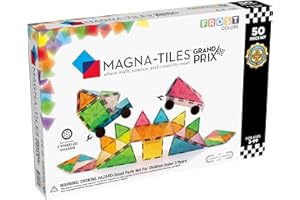 Magna-Tiles Grand Prix 50-częściowy zestaw z różnymi magnetycznymi klockami 3D w matowych kolorach i 2 podwoziami, wspiera naukę w zabawie