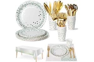 Nkaiso Partygeschirr Kindergeburtstag 141Stück Grün Punkt Partyteller Geburtstag Mädchen Party Papier Geschirr Set Tischdecke Teller Becher Servietten zum Geburtstagsdeko-20 Gäste