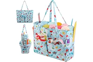 LOOEN Sac à tricoter, sac de rangement pour fil avec plusieurs poches, boules de fil, crochets, organiseur d'accessoires de tricot (bleu)
