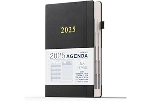 DeDe Bee Agenda 2025 Giornaliera A5 Diario Multilingue Planner Totale 416 Pagine Con Piano Mensile & Tasca Interna & Chiusura Elastico, Copertina Rigida, Nero